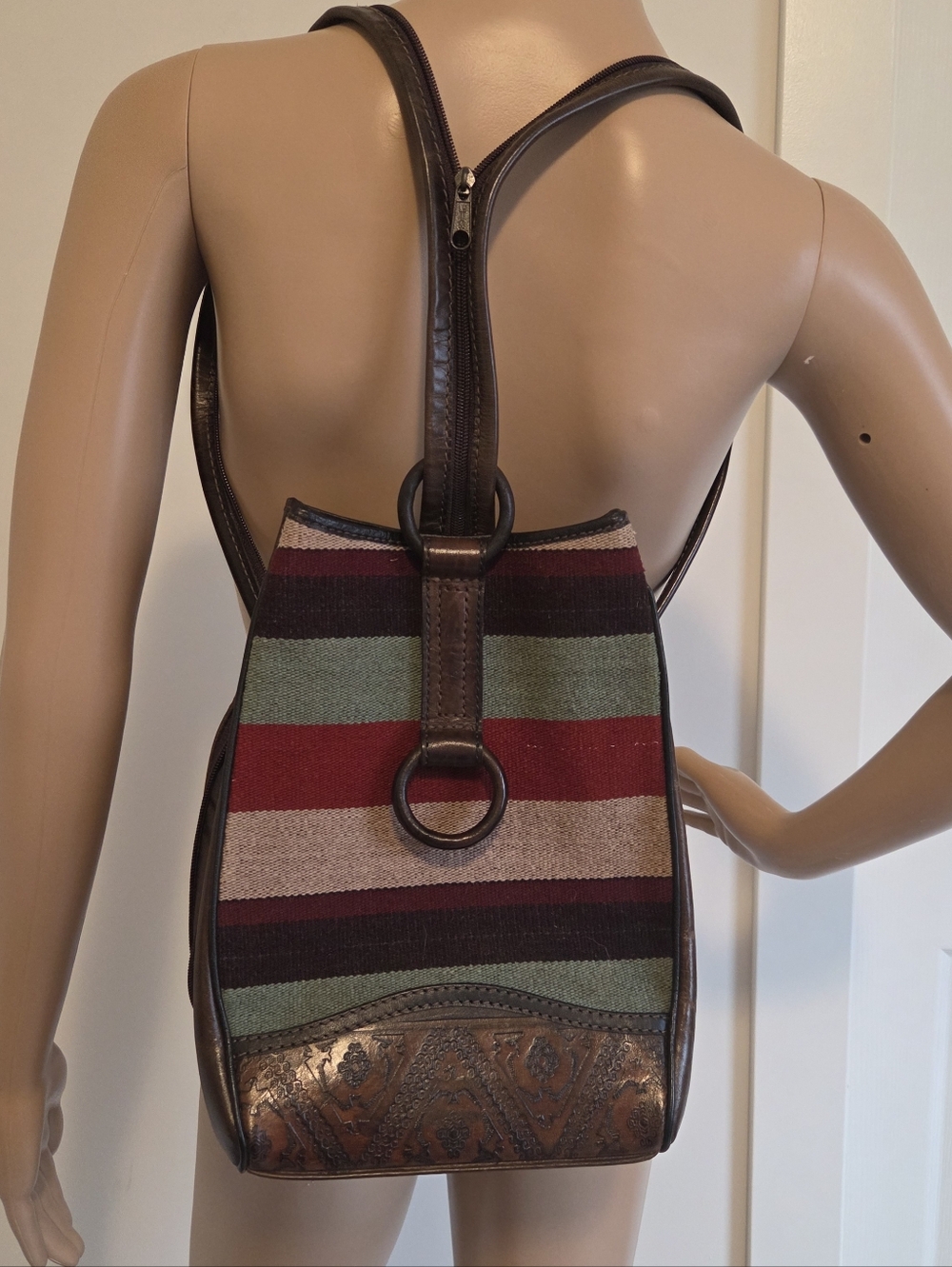 Anna Cainzo Tooled Leather Wool Woven Backpack Aztec/Southwestern Design